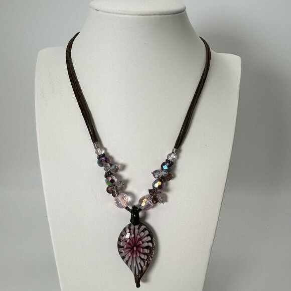 Necklace Handblown 3D Flower Pendant Purple Shimmer Faceted Spacers 18" - Picture 1 of 8